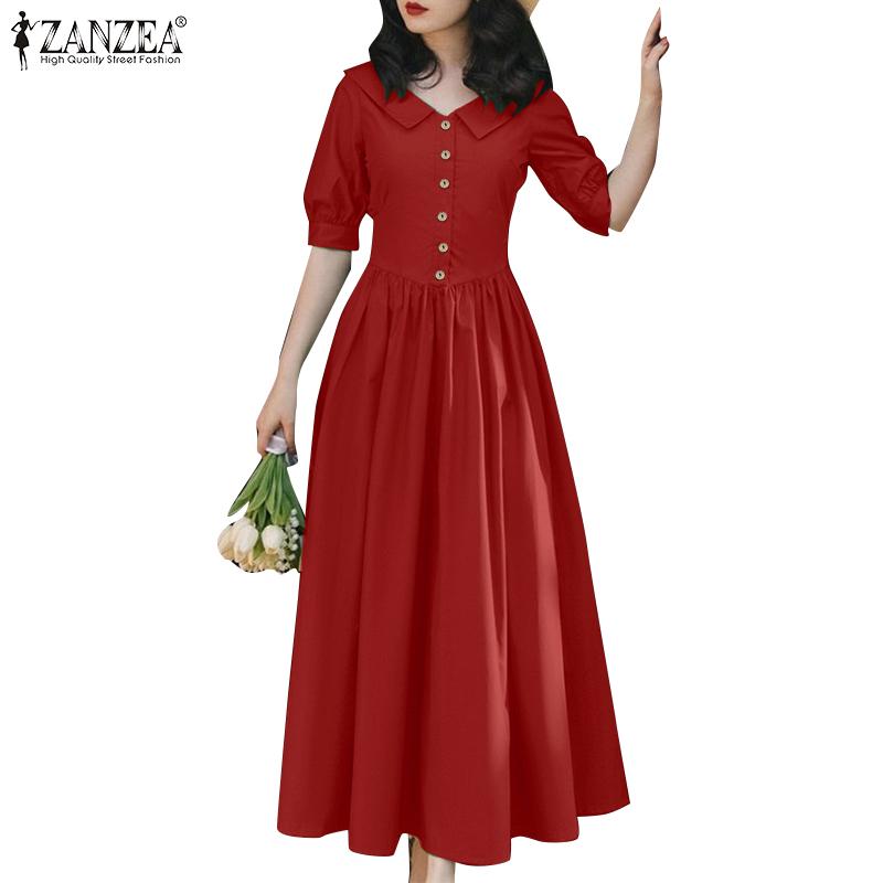 ZANZEA Womens Doll Collar Short Sleeve Casual Long Dress