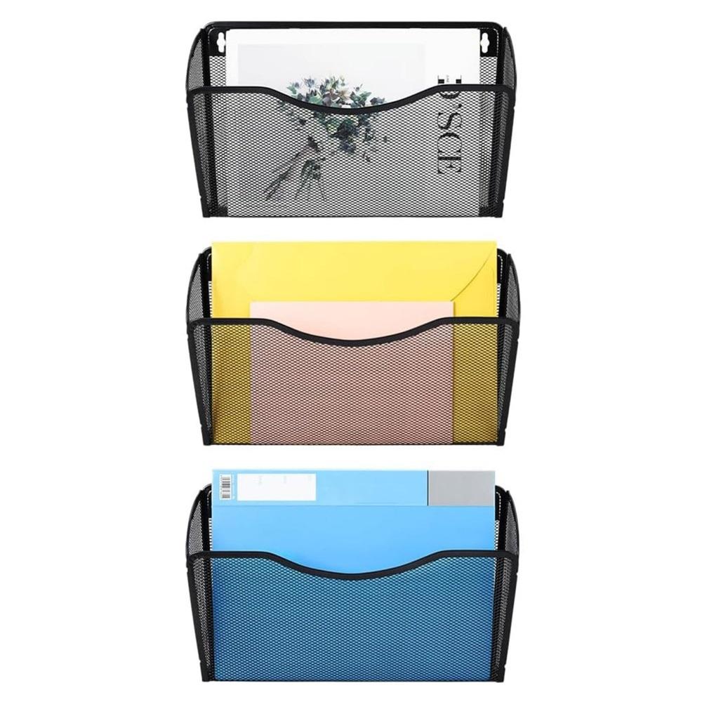 Wall-mounted folder and letter pocket storage bag (set of 3) metal mesh desktop hanging basket mailbox A4 size paper document organizer