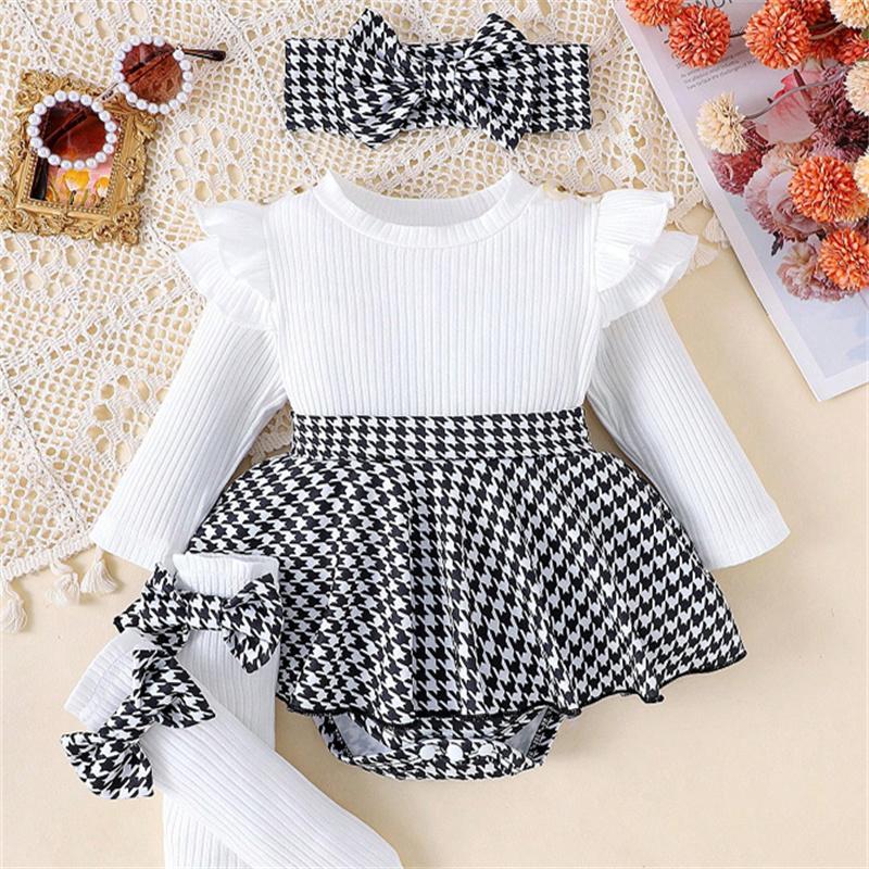 2 шт. Осенью для девочек в возрасте от 0 до 1 года: удобный, милый и симпатичный черный топ + юбка с узором «гусиная лапка» + повязка для волос