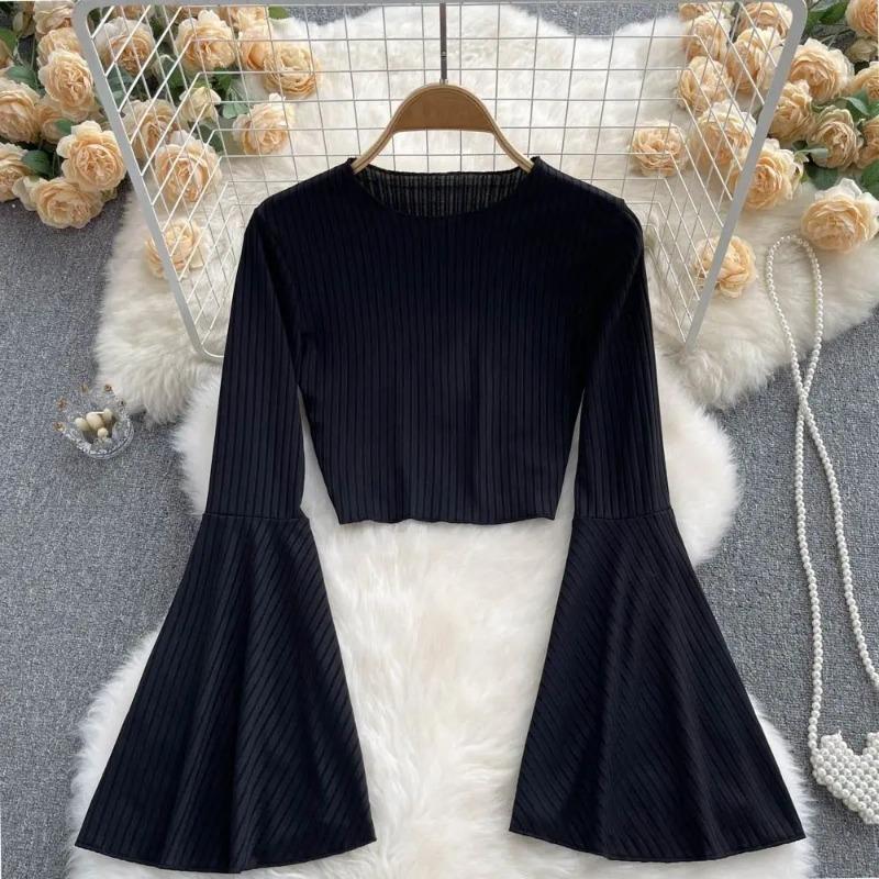 Hotsweet Elegance Casual Fashion Расклешенный рукав Короткий О-образный вырез Тонкая футболка и блузки Топ Лето Осень Одежда Для Женщин Базовые