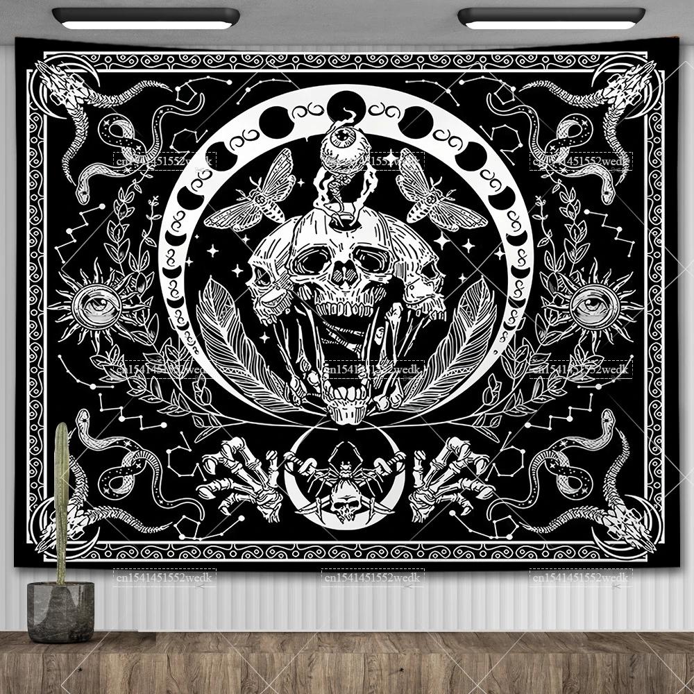 Гобелен со скелетом и бабочкой, черно-белый череп, грибной гобелен, хиппи, эстетический декор комнаты, настенные фоновые полотна