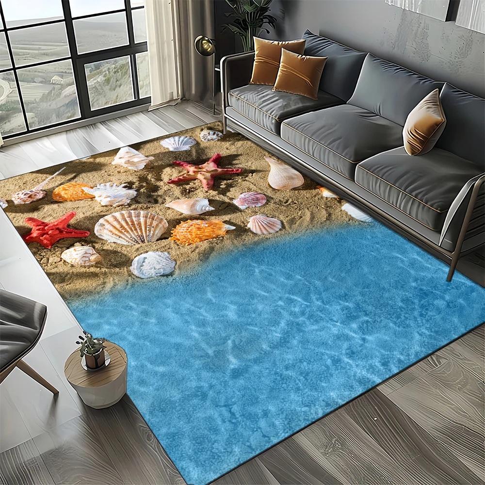 3D Realistic Seashell Starfish Pebble Beach Rug for Living Room Bedroom Coastal Decor Non Slip Carpet Ocean Theme Perfect Gift
