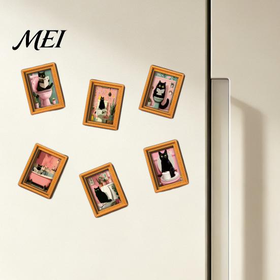 Protective Transparent Picture Covers Funny Wooden Fridge Magnets Frame, Retro Cute Cat Pattern Magnetic Refrigerator DIY Photo Display for