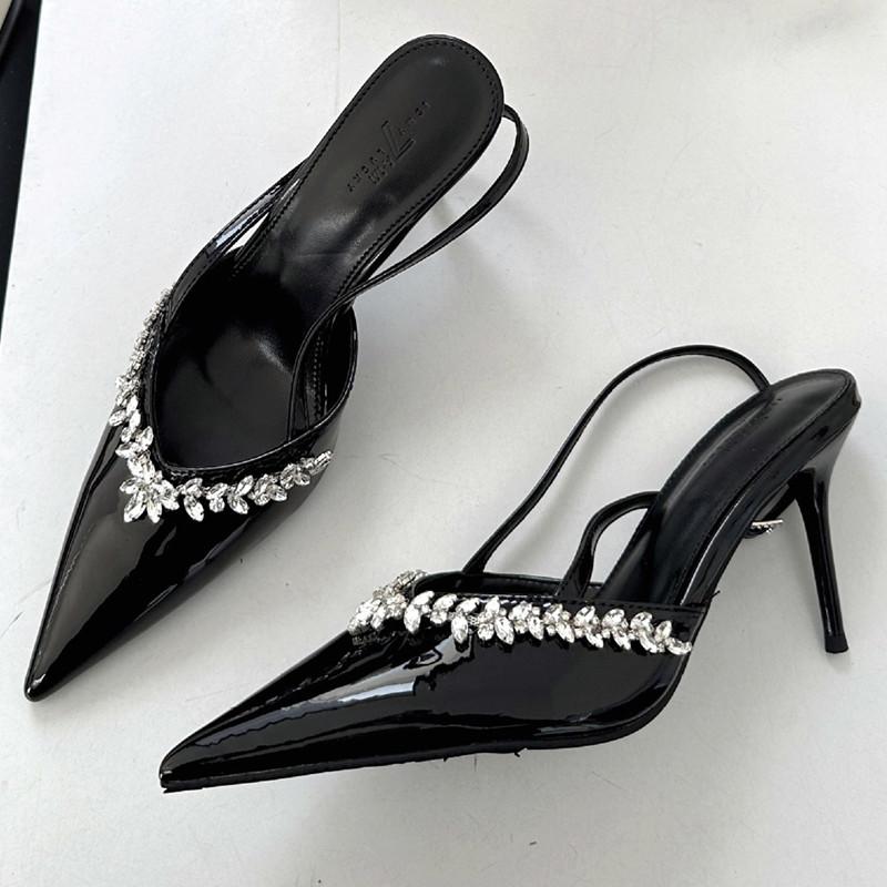 Модные Высококачественные Лакированные Кожаные Туфли-Лодочки со Стразами на Высоком Каблуке Женские Сексуальные с Острым Носком и Ремешком через Пятку Элегантные Банкетные Туфли для Платья