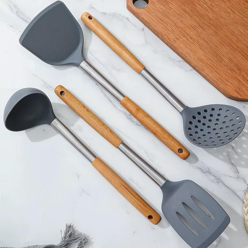 4 шт. силиконовая посуда для приготовления пищи, набор из нержавеющей стали, кастрюля с антипригарным покрытием, протекающая ложка, лопатки, суповые ложки с деревянной ручкой, кухонные принадлежности