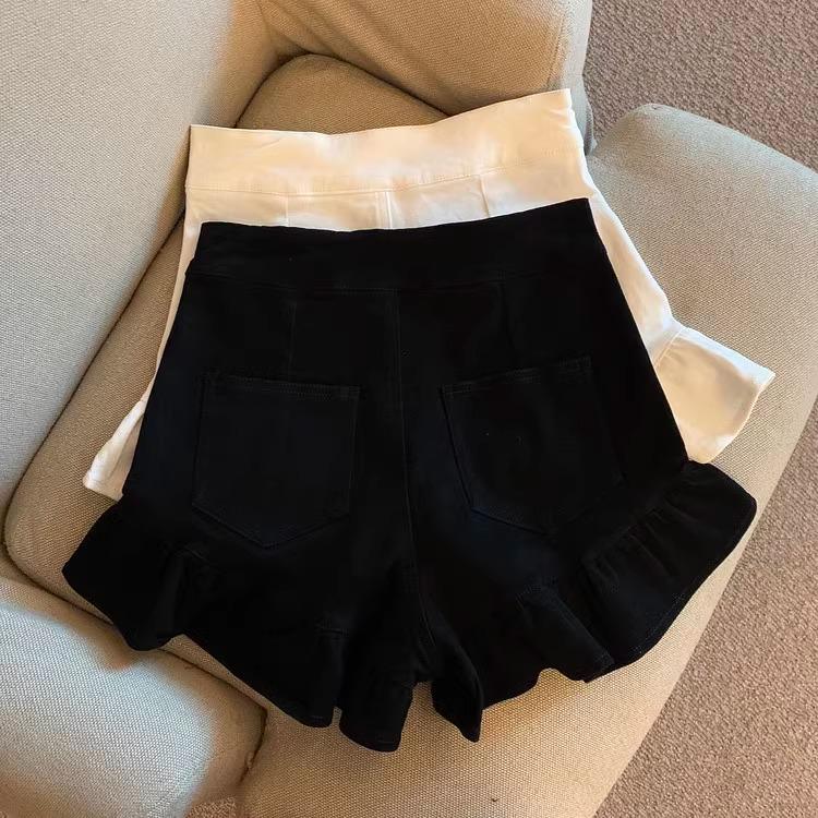 Autumn 2024 Women's Black High-Waisted Ruffle Wide-Leg Shorts - Spicy Girl Trendy Slimming Casual Pants