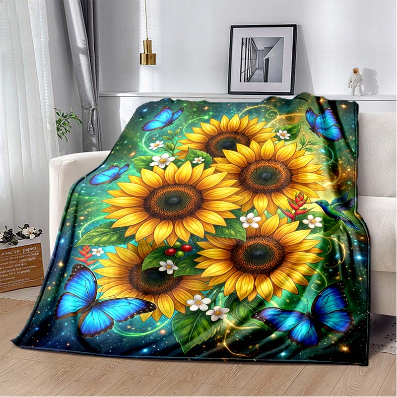 Sunflower & Blue Butterfly Print Flannel Blanket, Starry Sky Background Cozy Throw