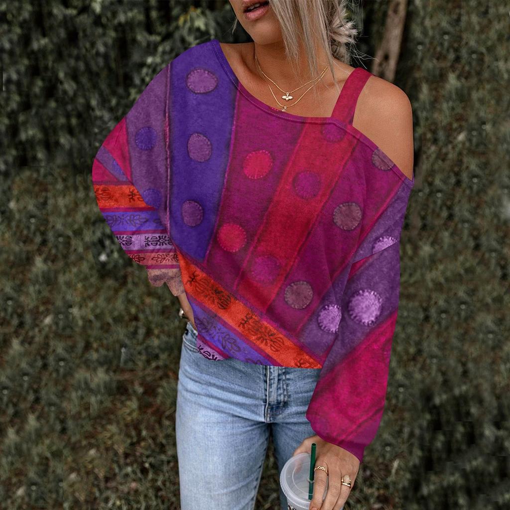 Women's Hollowed Out Fashionable Casual Floral Print Off Shoulder Hoodie Top