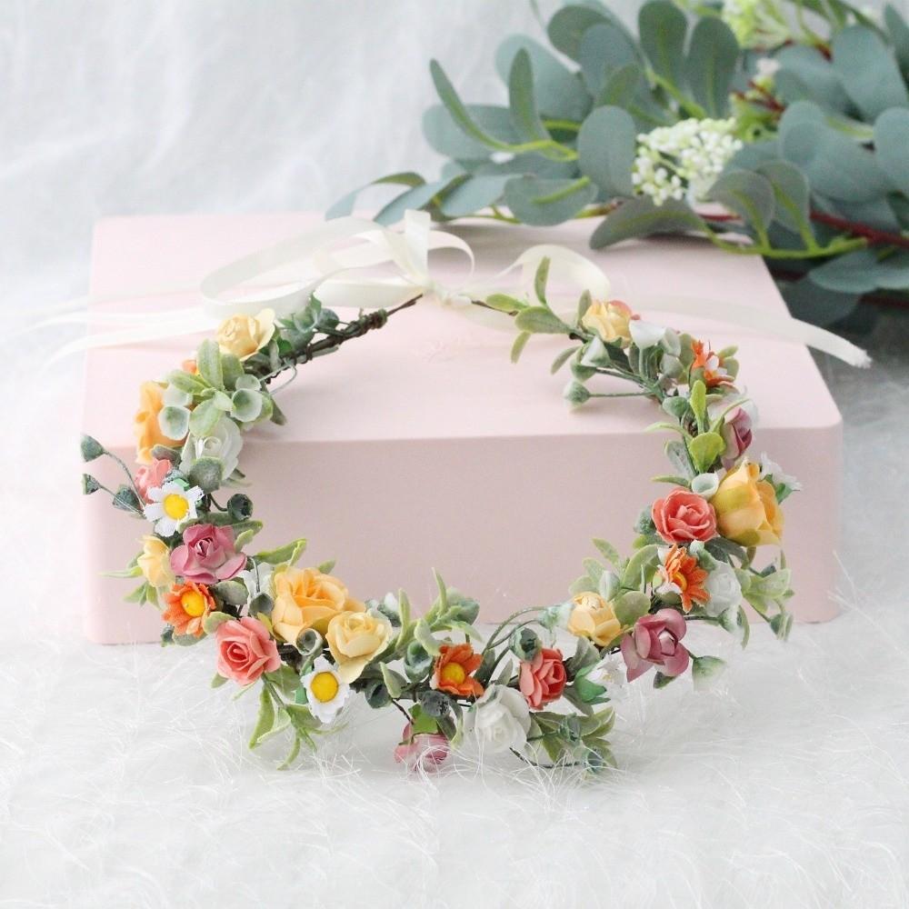 New Rose Floral Floral Crown Headband White Flower Green Leaf Floral Wreath Headband Ribbon Bridal Garland Girls Women