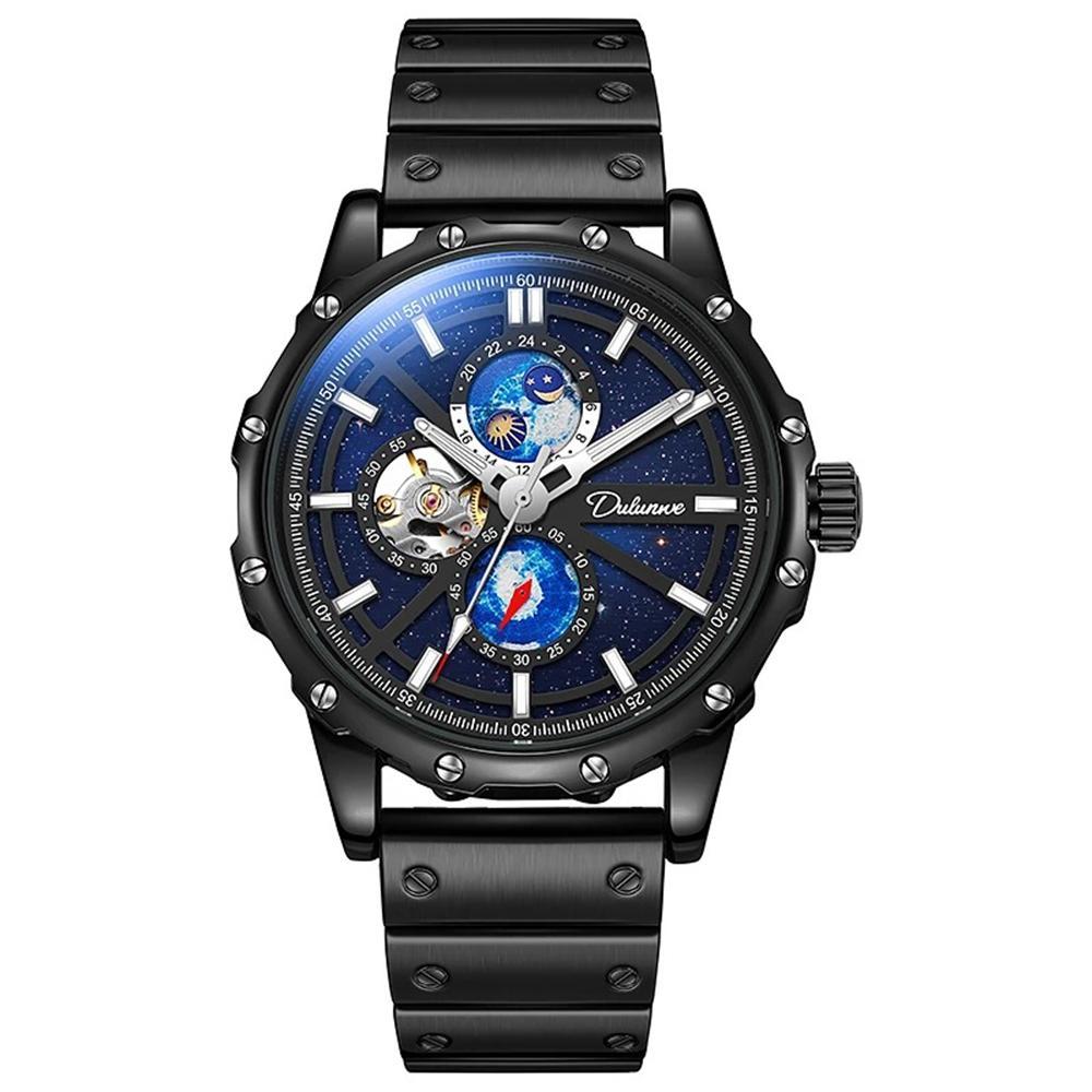 Dulunwe Мужские автоматические механические полые механические часы звездное небо наручные часы водонепроницаемые деловые наручные часы