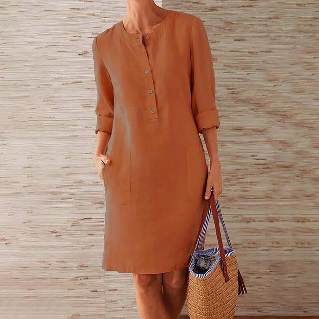 Женская мода повседневное платье-рубашка с длинным рукавом и карманом на пуговицах