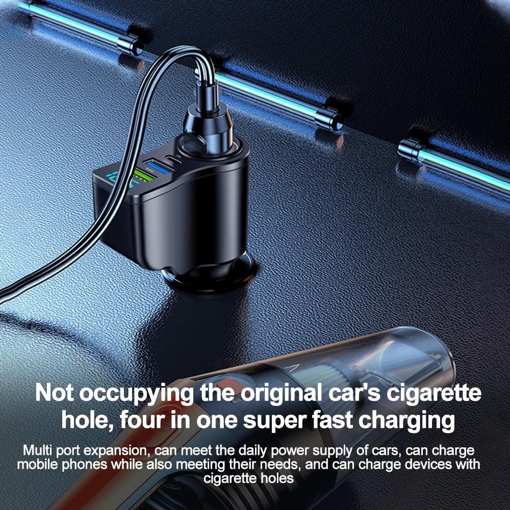 Автомобильное зарядное устройство 4 в 1 66 Вт Адаптер супербыстрой зарядки с цифровым дисплеем напряжения 12 В/24 В Двойные USB-порты Для iPhone Huawei