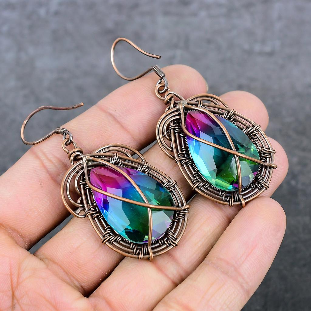 Двухцветный турмалин ручной работы, украшение-серьга с оплеткой из медной проволоки, 2,64 дюйма D3V77