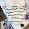 Women's Clothing Crop Top Striped Pattern Collared Sweater Versatile Short Sleeve Knitted Top For Spring & Summer
