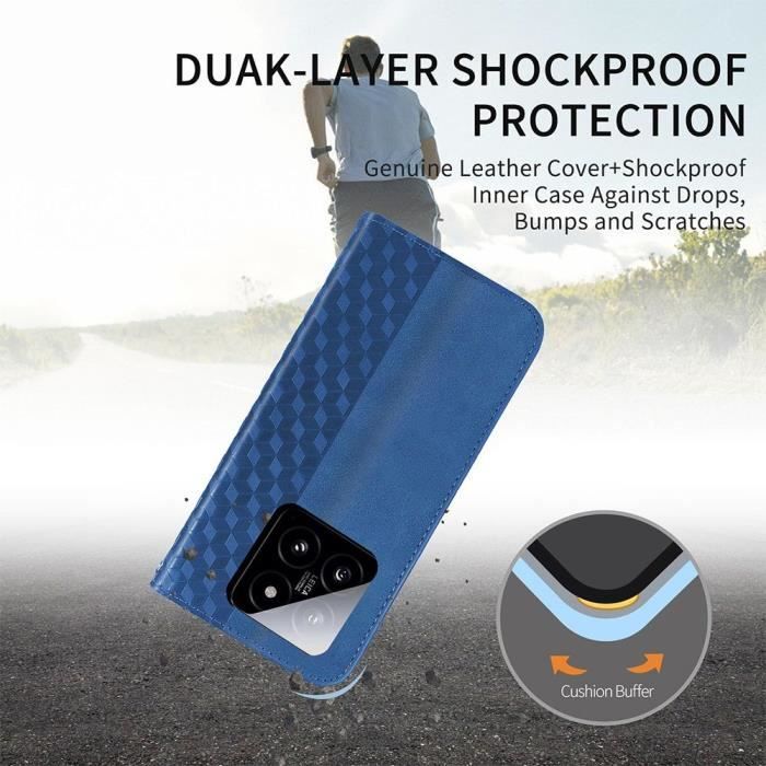 Coque et Verres Trempés pour Xiaomi 14 Pro - Cuir PU Bleu Marine - Motif Mosaïque - Fermeture Magnétique