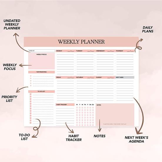 Undated Weekly Planner B5 Weekly To Do List Notebook Spiral Binding Desk Organizer with 52 Sheets for School Task Work Schedule