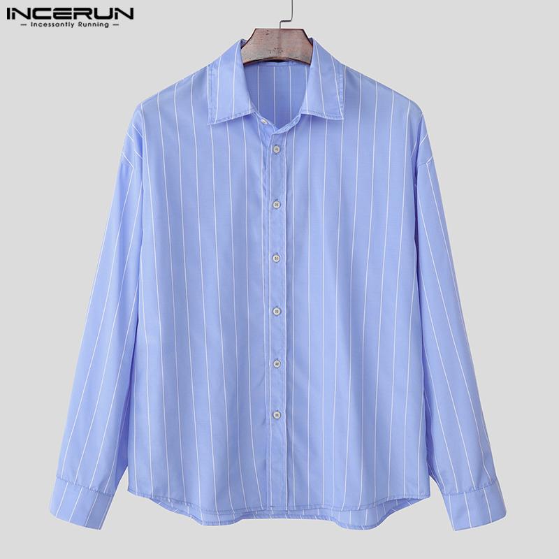 INCERUN Мужские рубашки оверсайз с длинным рукавом, лацканами, полосатым принтом, повседневные свободные топы