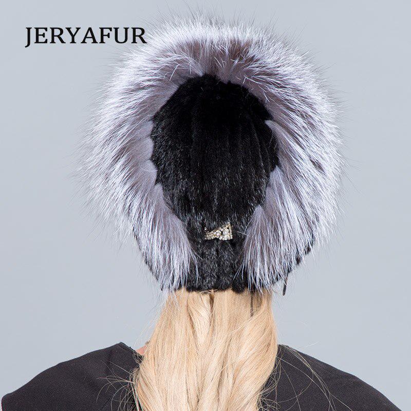 JERYAFUR Вязаная меховая шапка с подкладкой, меховая шапка из норки, меховая шапка из серебристого лисы, вязаная меховая шапка, зимняя женская лыжная шапка