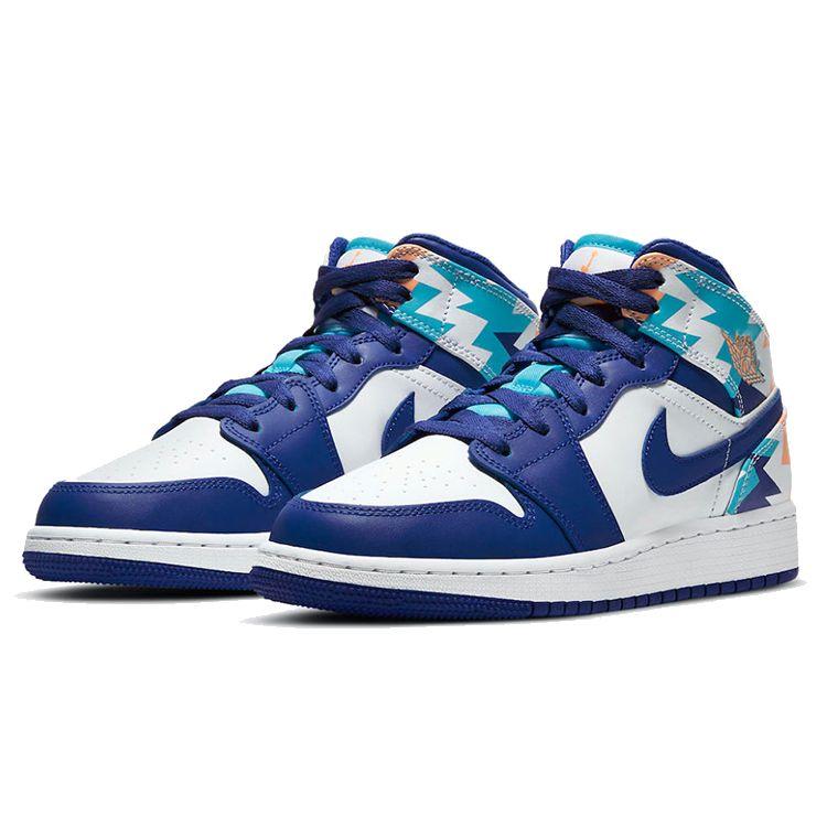 Air Jordan 1 Mid GS Geometric Pint Kids Sneakers Blue White Concord 555112-105