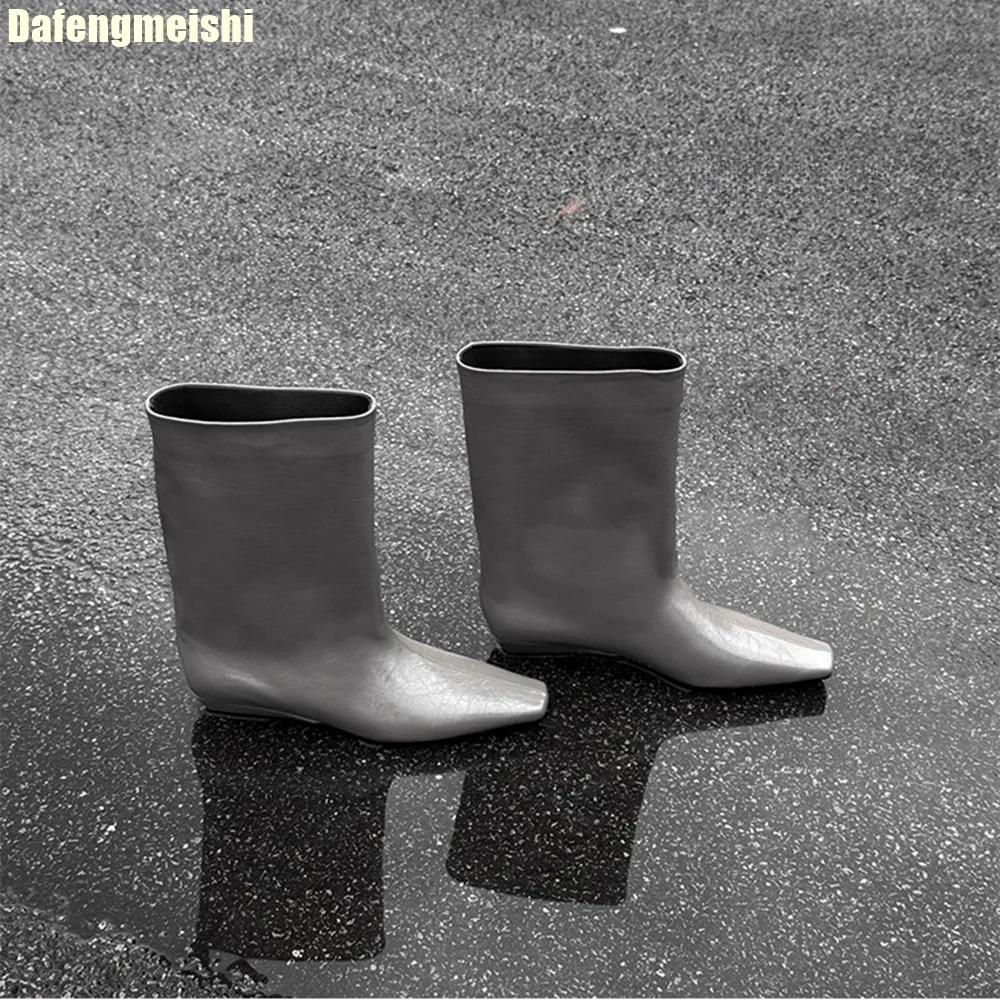 Модные ботинки из коровьей кожи, новые осенне-зимние, в корейском стиле, простые ботинки с квадратным носком, натягивающиеся, на низком каблуке, ботинки-рыцари, женские ботинки-чулки средней длины