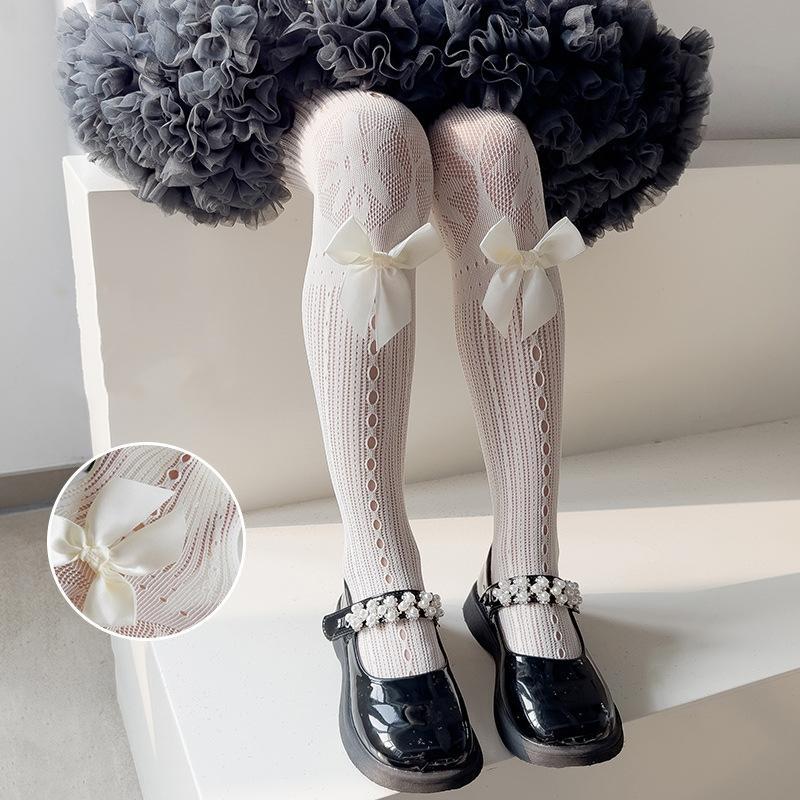 Детские колготки для девочек однотонные с кружевным бантом и ажурными вырезами для детей, милые тонкие дышащие леггинсы, летние, милые чулки
