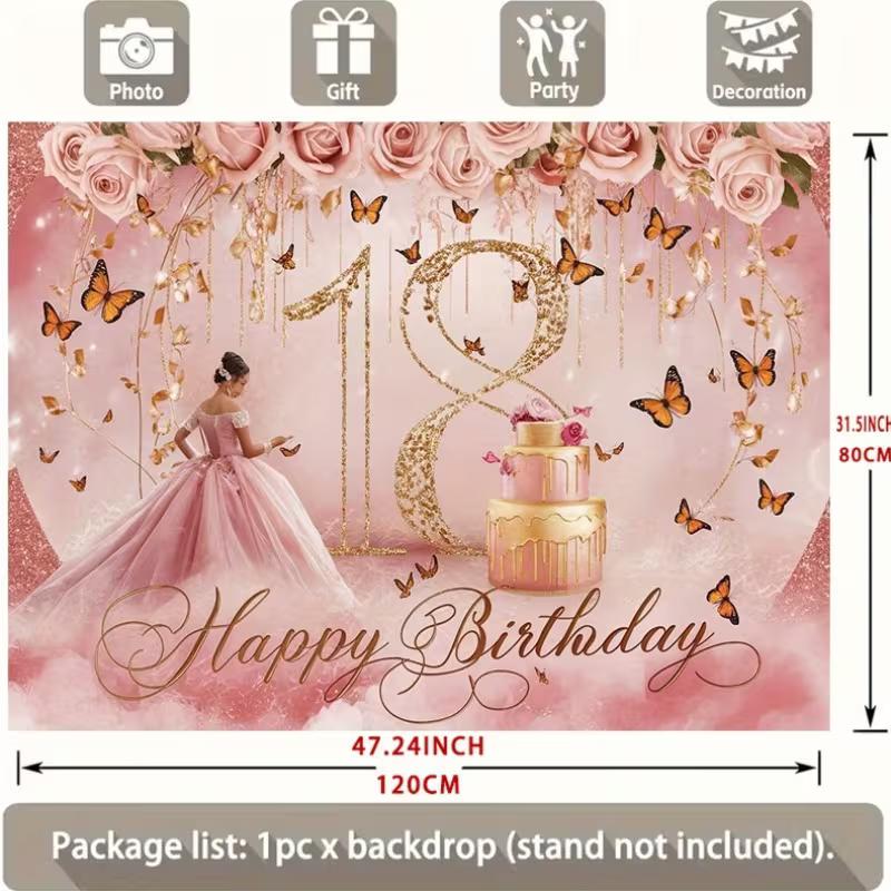 2D Pink Gold 18th Happy Birthday Backdrop Banner with Butterflies & Roses