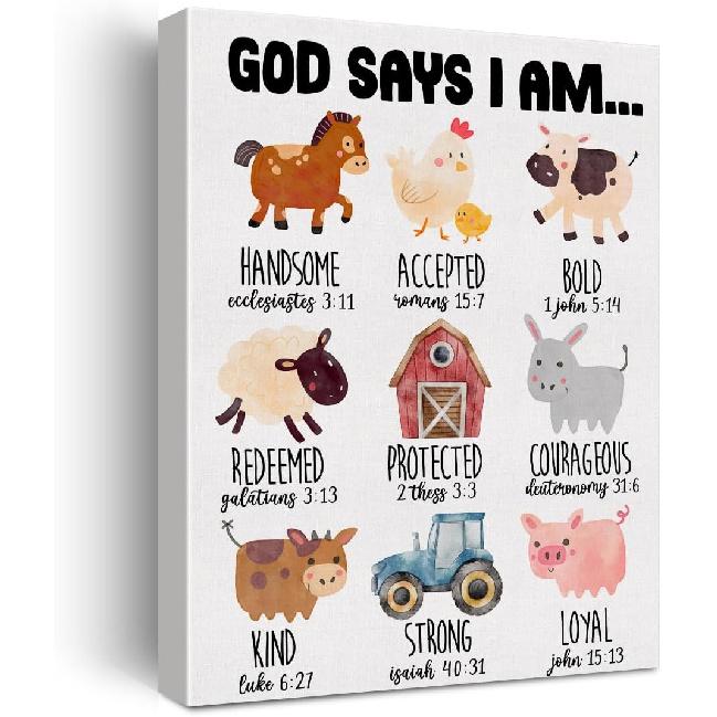 Hijie pirational Motivational God Says I Am Poster Canvas Wall Art for Nursery Home Decor Christian Farm Animals Canvas Print Painting Ready to Hang