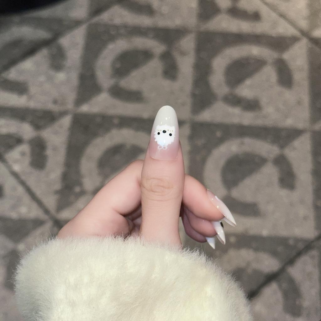 Nude Color Fantasy Cream Puppy Wearing Nail Handmade Cute Style Hand-painted Manicure French Gradient Fake Nail Patch