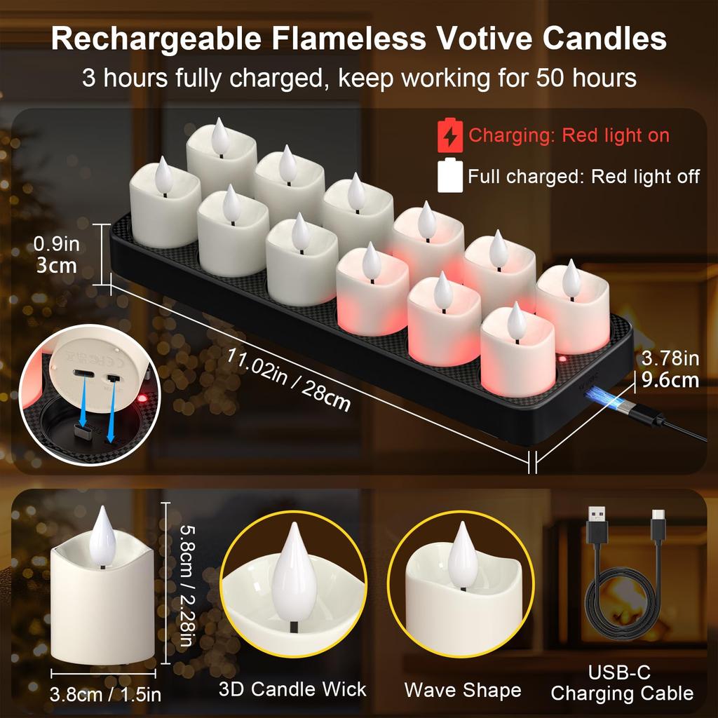 PChero USB-C Rechargeable Candle Lights, LED Candles, Rechargeable Power Outage Candle Lights, Flameless Rechargeable LED Candles, Timer Function,