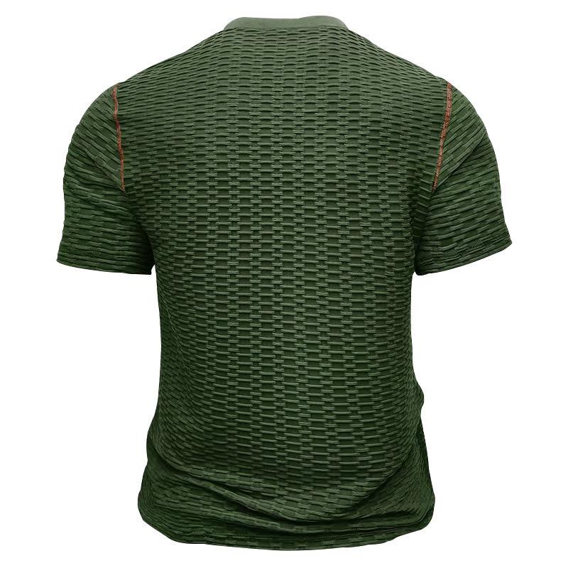 Men's Ribbed Button Henley T-Shirt, European American Casual Sport Short Sleeve Tee