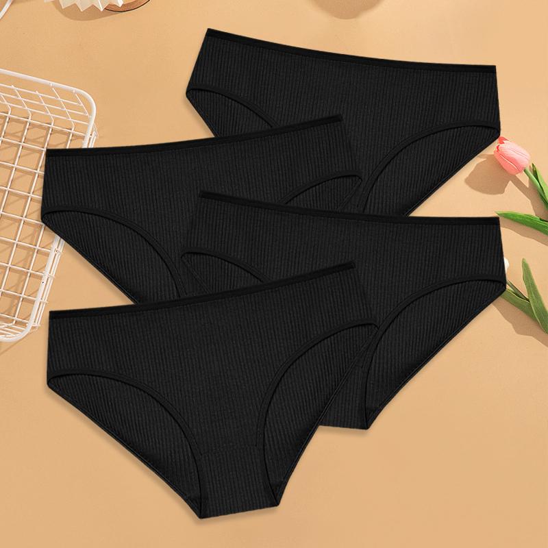 4Pcs Women's Cotton Ribbed Briefs Solid Breathable Elastic Underwear Sexy Simple Comfortable Panties Girls Soft Basics Lingerie