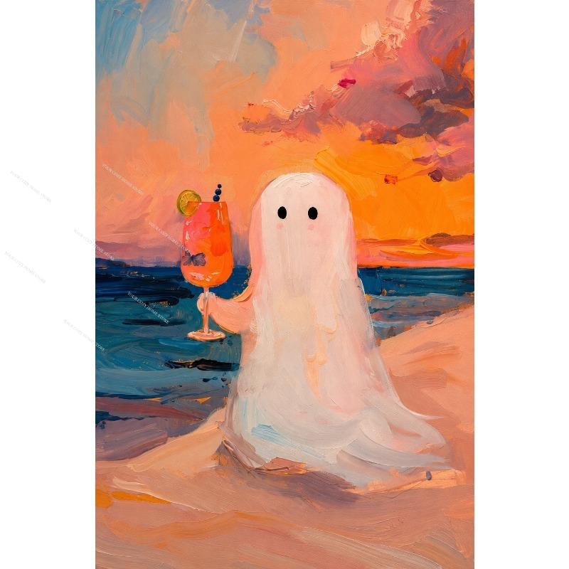 Coastal Beach Ghost Canvas Gallery Wall Prints Cute Summer Spooky Sunset Ocean Wall Art Bright Pastel Halloween Home Decor Gift