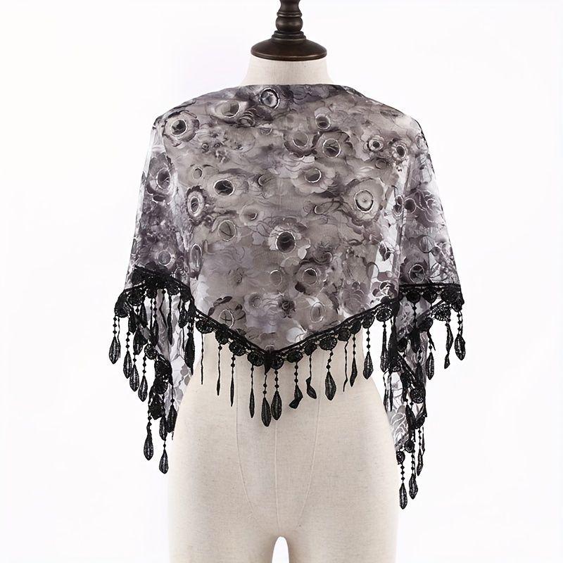 Triangular Scarf with Versatile Lace and Fringe Design, Thin Decorative Fashion Shawl, Women's Headscarf