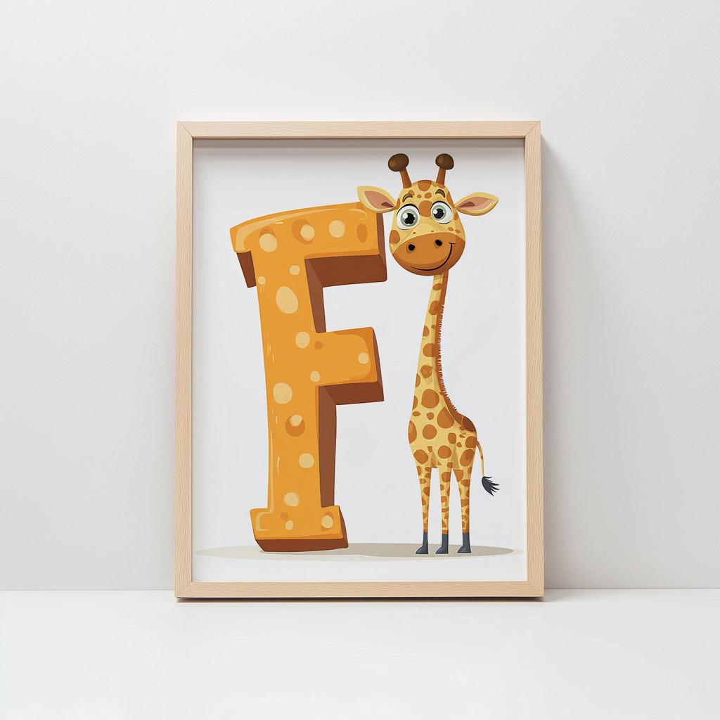 Плакат Жираф и Буква F Плакат Жираф и Буква F, 30x40 см, Рама Деревянная Светлый Дуб, Матовая Бумага 230 г/м²