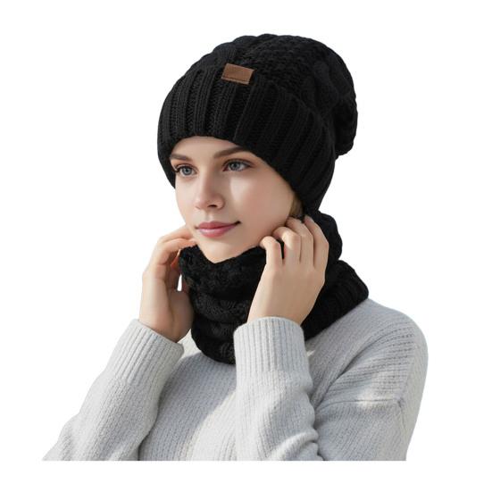 2Pcs/Set Women Hat Scarf Set Solid Color Twist Texture Warm Thermal Knit Hat Neck Scarf Set Winter Outdoor Accessories