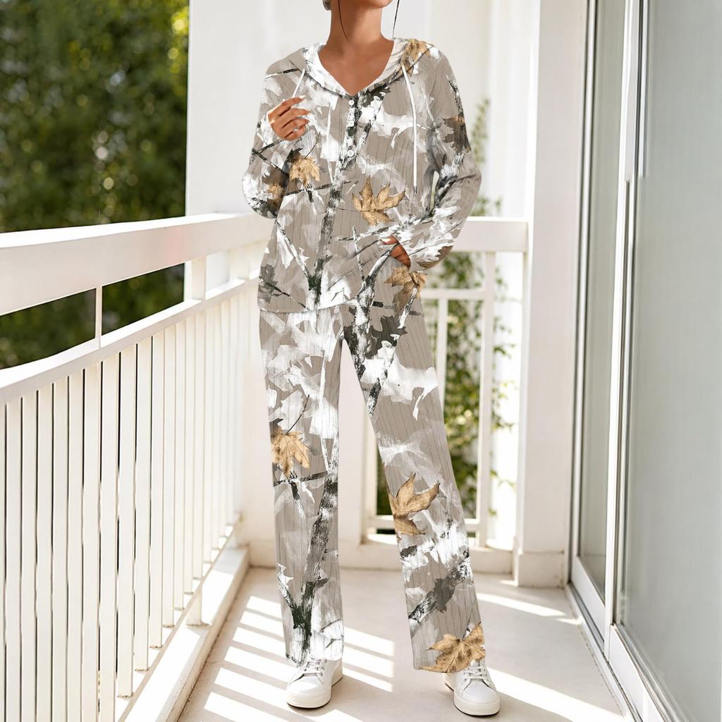 Женский повседневный комплект пижамы с капюшоном, V-образным вырезом, длинными рукавами, свободного кроя, с принтом и карманами для сна