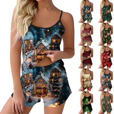 Женский модный рождественский комплект с принтом без рукавов, топ, шорты и пижама