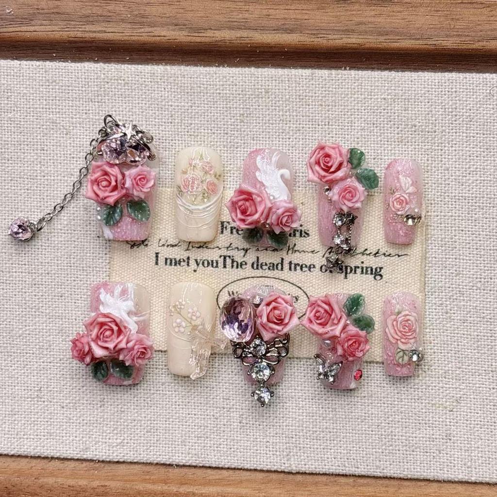 Квадратные накладные ногти миндалевидной формы, французский маникюр с 3D-дизайном, акриловые ногти с полным покрытием на клеевой основе, искусственные накладные ногти для женщин