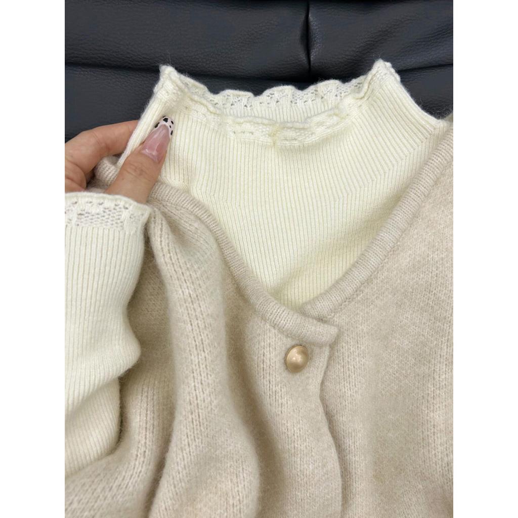 Шикарный маленький свитер с кружевом и стойкой, женский мягкий восковой внутренний базовый топ на осень и зиму, универсальный вязаный топ