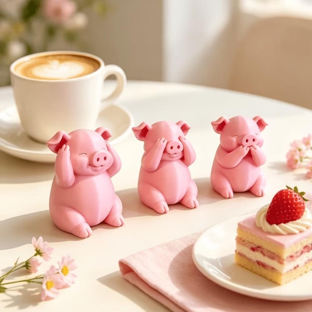 3PCS 3D Printing Pink Pig Figurine Cartoon Piggy Figurine Funny Pig Statue Bedroom Decor