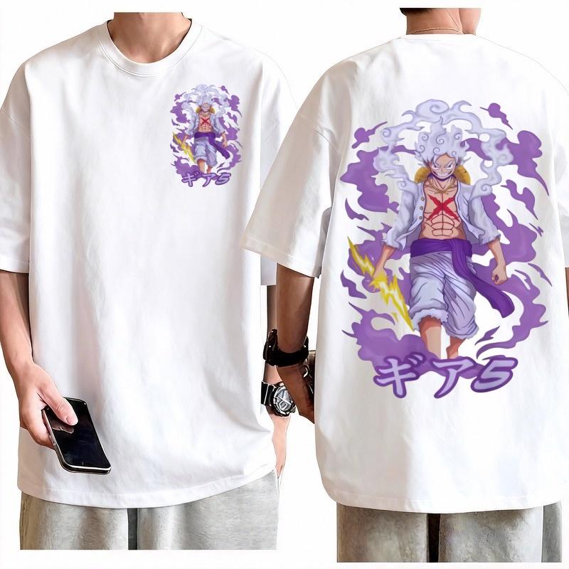 Футболка мужская с принтом One Piece Luffy Gear 5 Nika Ретро Хлопок Аниме Графическая Модная Уличная Стиль Удобная С коротким рукавом Круглый вырез
