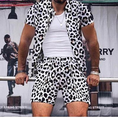 Мужская новая повседневная пляжная одежда в гавайском стиле с леопардовым принтом и короткими рукавами, повседневная рубашка с лацканами из двух предметов