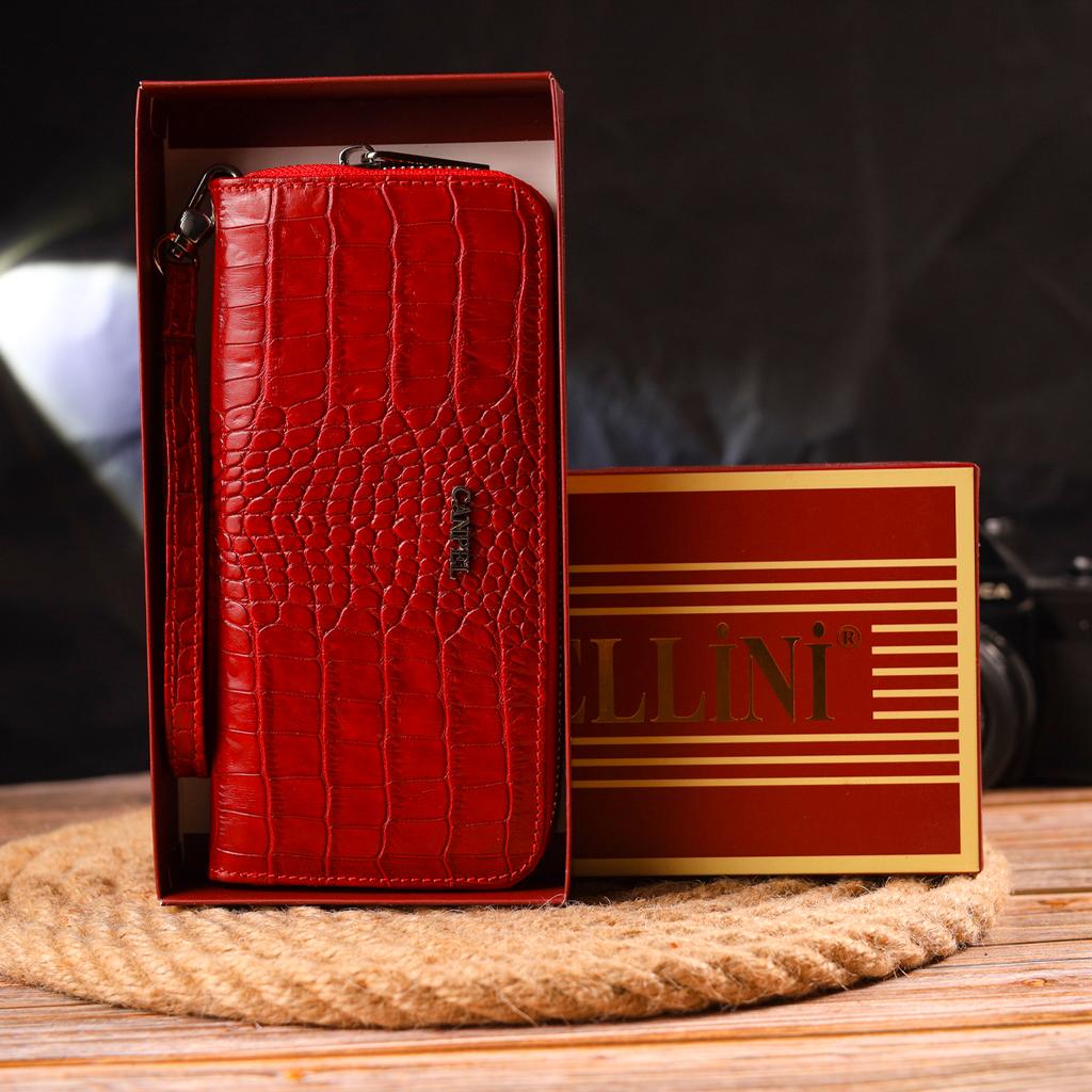 Горизонтальный яркий женский кошелек из натуральной фактурной кожи под крокодила CANPELLINI Wallet 21621 Красный
