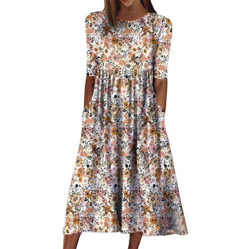 Модное женское платье с цветочным принтом больших размеров, летние карманные винтажные свободные повседневные платья, женские элегантные простые офисные женские платья с круглым вырезом 24258