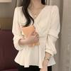 Elegant V-neck Chiffon Blouse - Women's Spring/Autumn, Waist-Slimming Tie-up, Long-Sleeve, Sweet Fairy Style