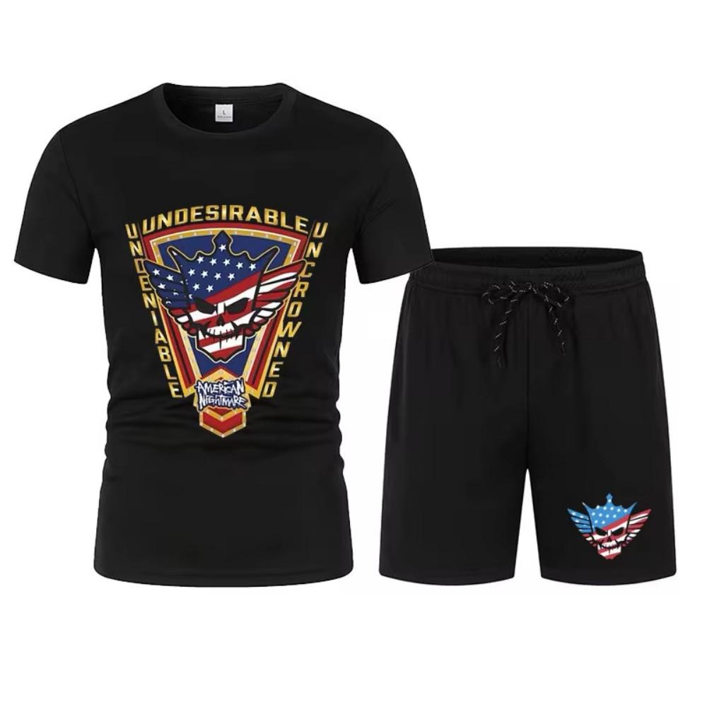 2025 Новый мужской черный Cody Rhodes Skeleton Mesh футболка + шорты комплект летний дышащий быстросохнущий короткий рукав толстовка спортивный комплект