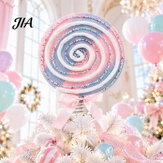 Candy Themed Party Supplies Macaron Spiral Lollipop Christmas Tree Topper, Foam Ornament with Colorful Fake Sweets Bow, Sweet Decoration Prop