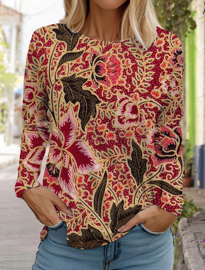 2024 Женские гавайские ретро-модные топы с длинным рукавом и круглым вырезом, повседневная футболка с длинным рукавом, дизайнерская новинка