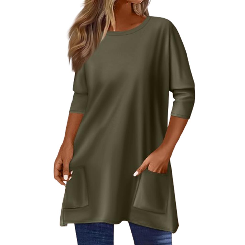3/4 Sleeve Pocket Tops For Women T-Shirt Casual Print Mid-length Tops T Shirt Round Neck Pullover Blouse