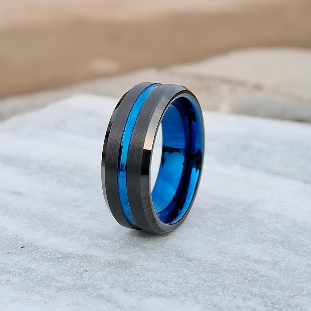 6mm Tungsten Wedding Band for Men & Women – Blue Groove Matte Finish Ring, Stylish Free Custom Engraving